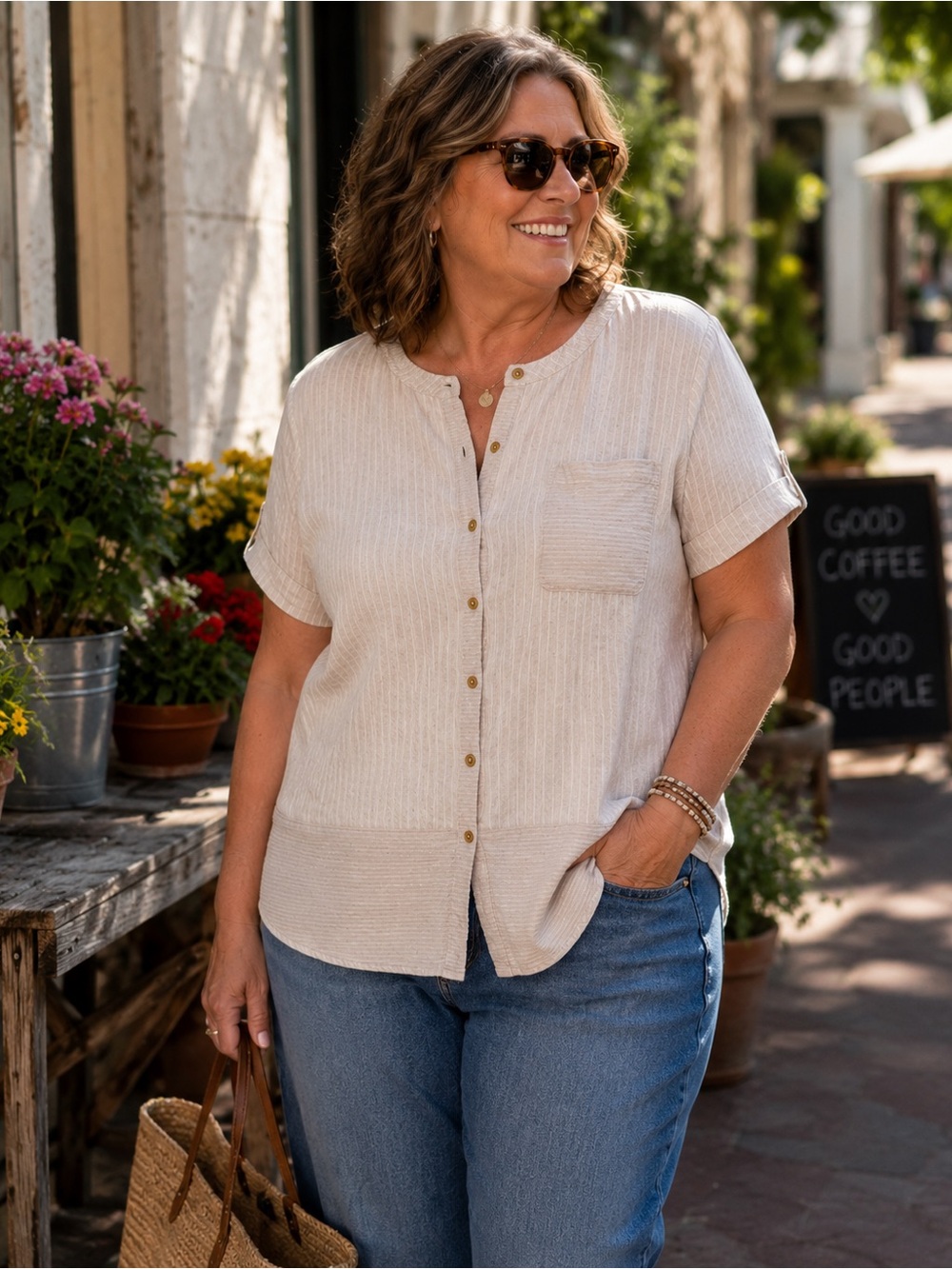 Ellen Tracy Cream Striped Linen Collarless Button-Up Top Size L